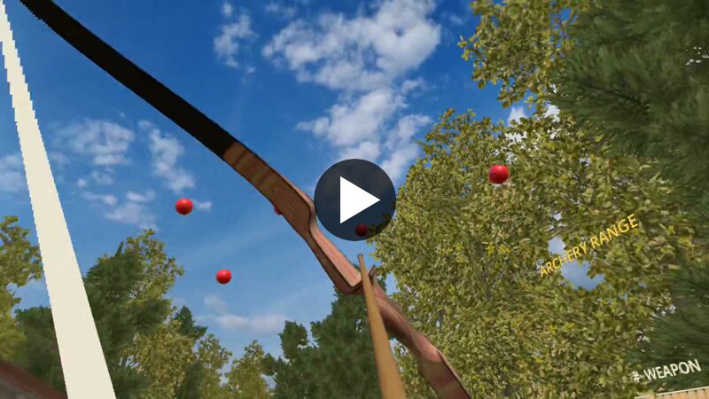Play the Quest 2 gameplay video on YouTube — bow aimed skyward at red balloons.